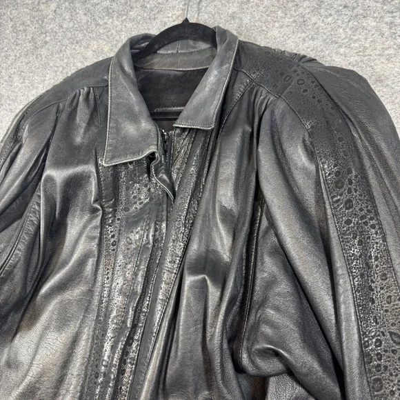 Vintage 80s Black Leather Bomber Jacket Women Oversized Puff Sleeve Retro Grunge - Picture 5 of 16